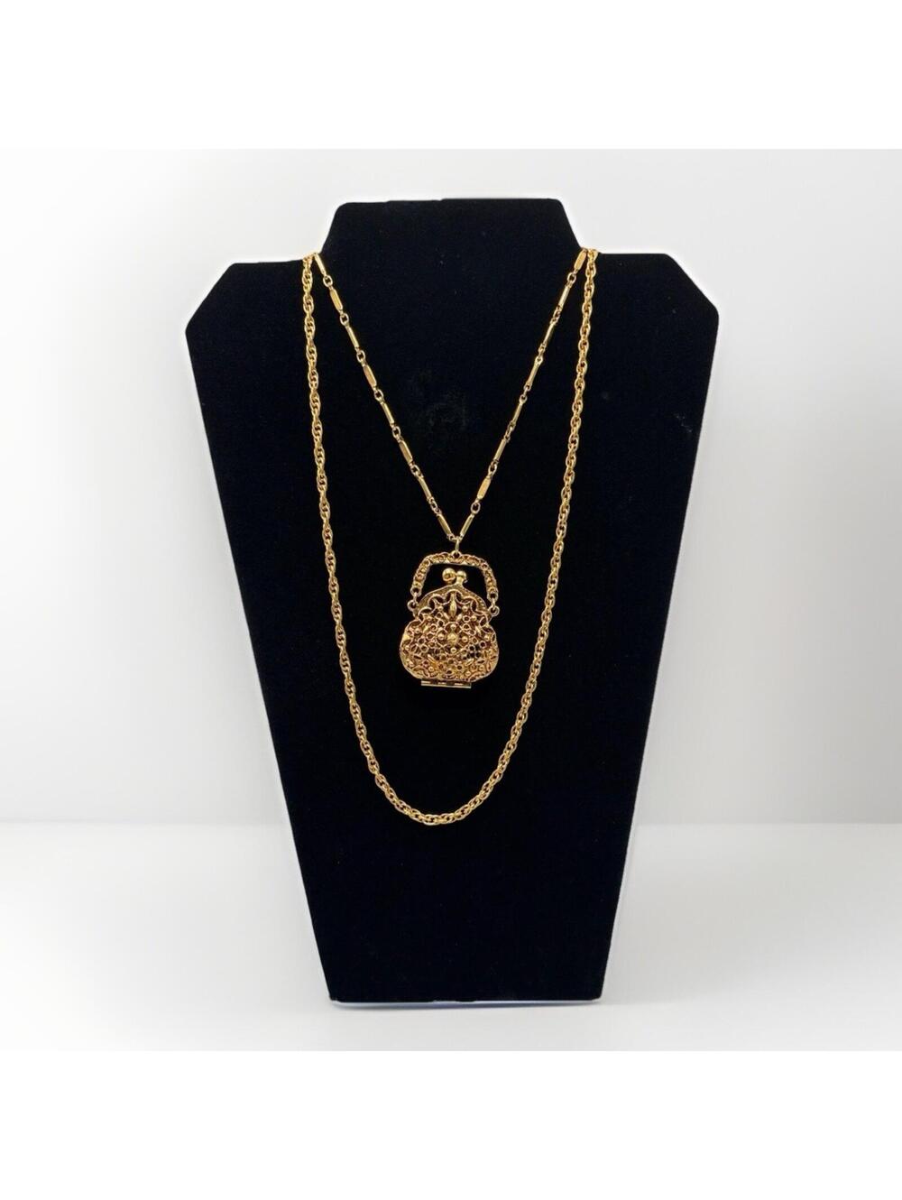 VTG Signed HMS Madeira Filigree Purse Pendant Layered Necklace Victorian Revival